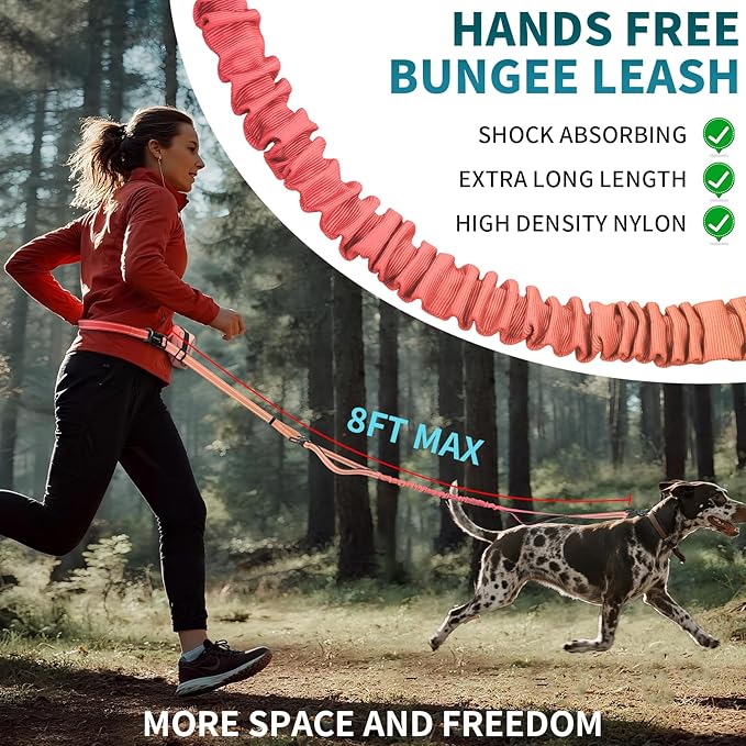 Hands Free Dog Leash with Removable Zipper Pouch, Dual Padded Handles and Durable Bungee for Walking, Jogging and Running-Orange