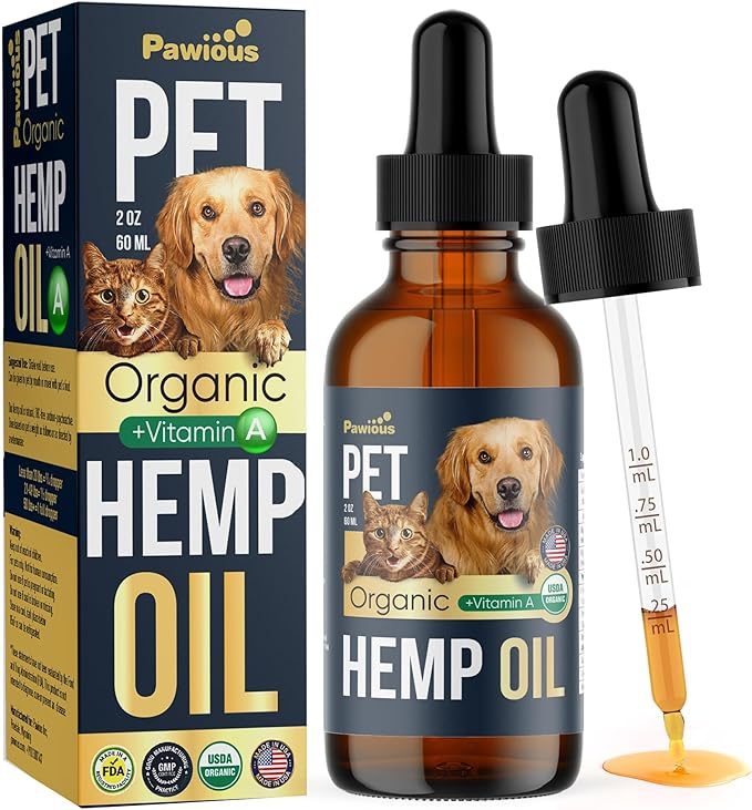 Hemp Oil for Dogs and Cats - USDA Organic, Large 2oz Bottle, Made in USA - Omega 3, 6 and 9, Vitamins A and E - Hip and Joint Support - Anxiety, Arthritis and Seizures Relief, Calming Aid