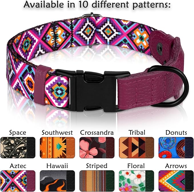 AirTag Dog Collar with Metal Buckle - Soft Leather Printed Nylon Dog Collar with Apple AirTag Holder - Cute Tracking GPS Pet Collars for Girl Boy Small Large Dogs (M, 14"-18" Neck Fit, Aztec)