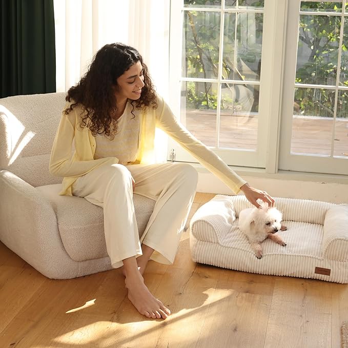 FUKUMARU Dog Couch Bed, Corduroy Cozy Cat Bed for Indoor Cats with Washable Cover, Supportive Waterproof Dog Beds Sofa for Small Dogs and Large Cats Cute, 28inch, Medium, Cream