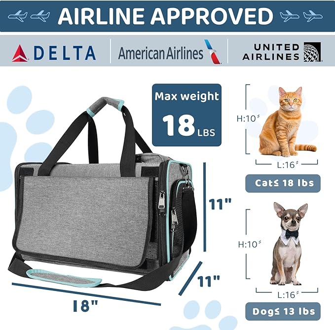 Airline Approved Pet Carrier Small Dog & Cats Under 15 lbs - 18x11x11 Inch Soft-Sided TSA Compliant Travel Bag for American, Delta & United Airlines Flight