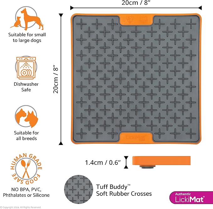 LickiMat Tuff, Heavy-Duty Buddy, Dog Slow Feeder Lick Mat, Boredom Anxiety Reducer; Perfect for Food, Treats, Yogurt, or Peanut Butter, Fun Alternative to a Slow Feed Dog Bowl, Orange