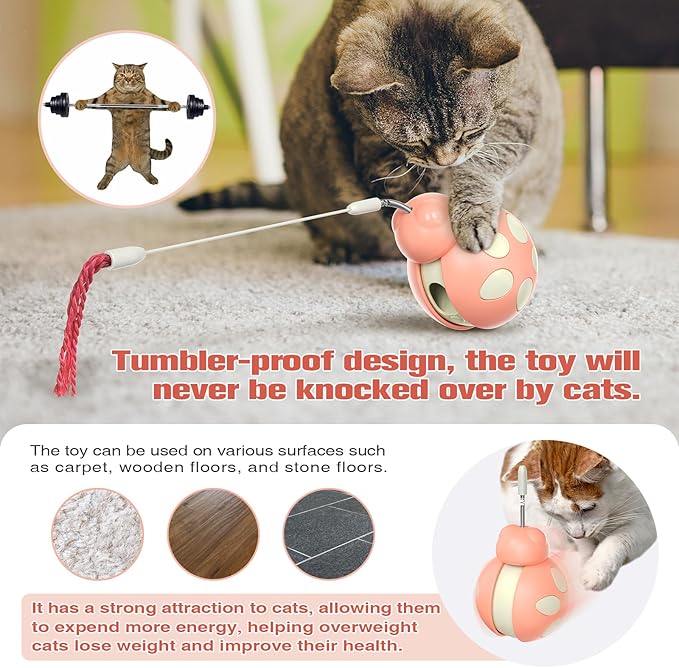 Cat Puzzle Toys,Slow Feed Dispensing Cat Toy with Cat Teaser Wand,Never-Knockover Wobble Design, Health Benefits and Weight Loss (Pink)