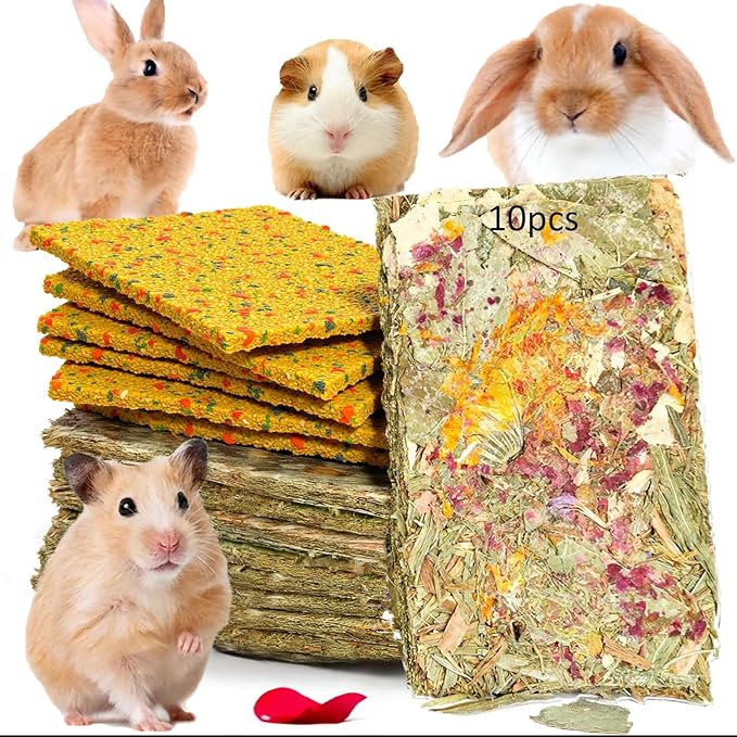 Rabbit Toys 10pcs 2 in 1 Bunny Crisp Treat Guinea Pig Chew Snack for Cleaning Teeth Enrichment Timothy Hay Chips Hamsters Molar Food for Chinchilla Gerbil Rat Indoor Dental Care Boredom (4+6)