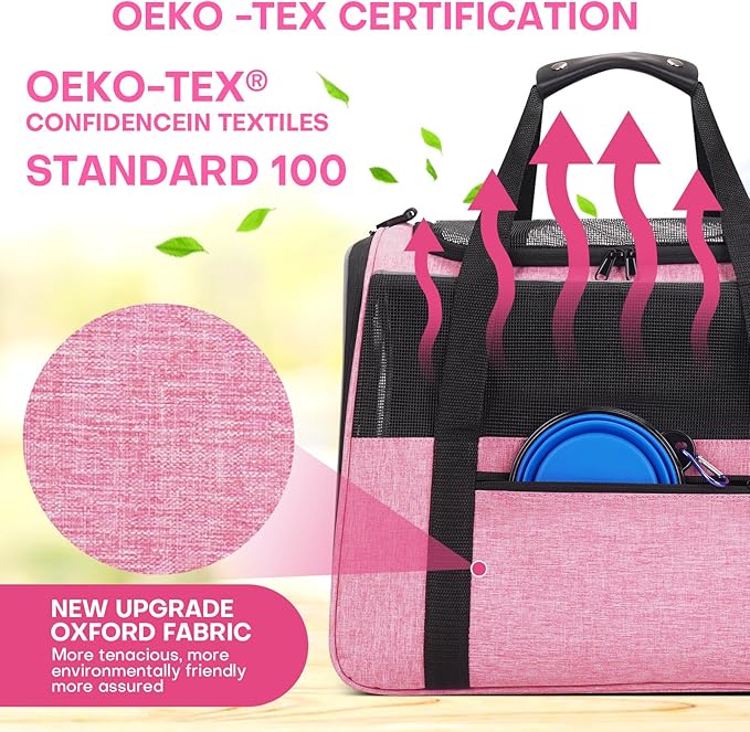 JUNGYOUN Premium Cat Carrier - Pet Carrier for Cat & Small Dogs up to 15lbs - Airline Approved Travel Dog Carrier with Anti-Escape Zippers, Collapsible Travel Bowl & Padded Strap Pink