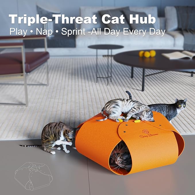 Spring Blossoms Cat Tunnel, Cat Cave for Indoor Cats Bed,Scratch Resistant Cat Toys for Medium Large Cats Hide and Seek Toy (Amber Orange)