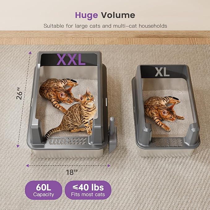 Extra Large XXL Stainless Steel Cat Litter Box with Lid, 26" L x 18" W x 12" H Metal Litter Box with Hight Sides for Big Cats & Multiple Cats, Never Absorbs Odors, Anti-Urine Leakage, Easy Cleaning