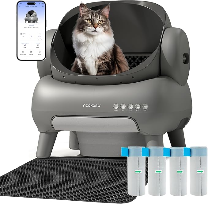 Neakasa M1 Bundle Open-Top Self-Cleaning Cat Litter Box with APP Control, Includes 4 Rolls (60pcs) Refill Waste Bags, 2 Extra Rolls Added