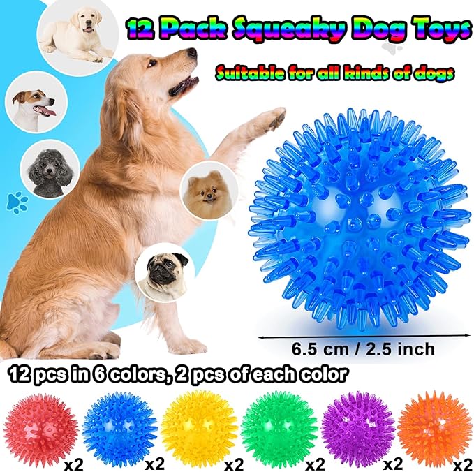 12 Pack Squeaky Dog Toys,2.5" Spiky Dog Balls,TPR Rubber Puppy Toys for Aggressive Chewers,Puppy Chew Toys Cleans Teeth and Gum Health,Squeaky Dog Balls for Small Medium Large Pet Dog Toys