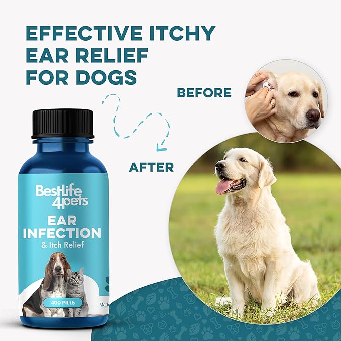 Itch Relief and Ear Infection Treatment for Dogs & Cats, Natural Ear Mites Treatment for Cats and Dogs Soothes Itchy Ears, Reduces Swelling, Otitis, Pain & Inflammation, 400 Easy to Give Tiny Pills
