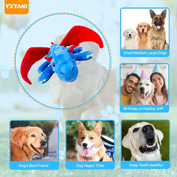 Dragon Dog Squeak Plush Toy Chew Toy Resistant to Bite Keeps Dogs Healthy and Happy Birthday Gift Suitable for Large, Medium and Small Dogs Blue 14 Inch