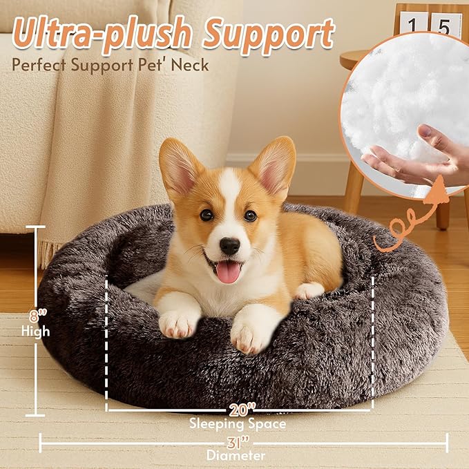 JOLLYVOGUE Medium Calming Dog Bed, Anti-Anxiety Donut Cuddler Cat Bed with Anti-Slip Bottom, Fluffy Faux Fur Machine Washable Pet Cushion for Medium Large Dog & Cat (31")