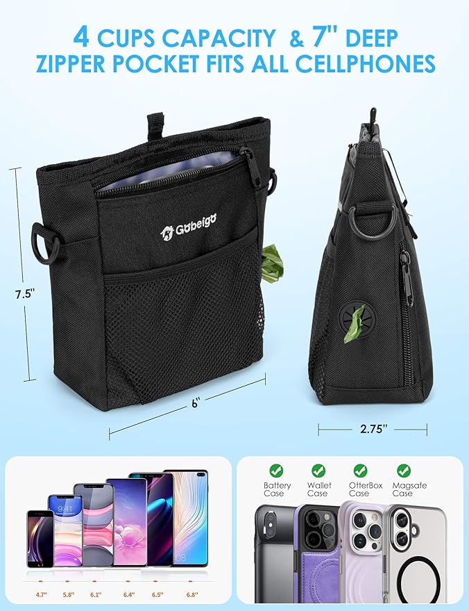 Gobeigo Dog Treat Pouch with Silicone Liner, 【4 Cup】【3 Ways to Wear 】 Treat Bag with Training Clicker, Front Pocket fits All Phones, Upgrade Stronger Magnetic Closure Walking Fanny Pack (Black)