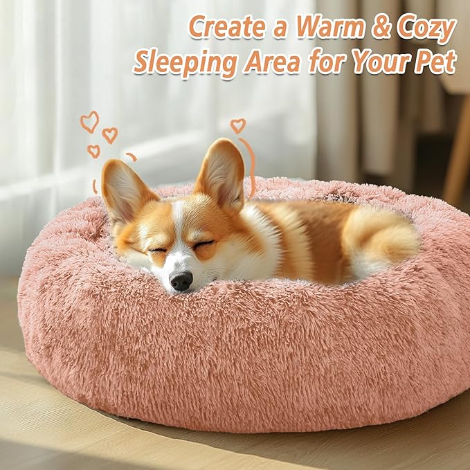 JOLLYVOGUE Calming Dog & Cat Bed for Small Dogs, Anti-Anxiety Donut Cuddler Cozy Soft Round Bed with Anti-Slip Bottom, Fluffy Faux Fur Plush Cushion Beds for Small Medium Pets (20")