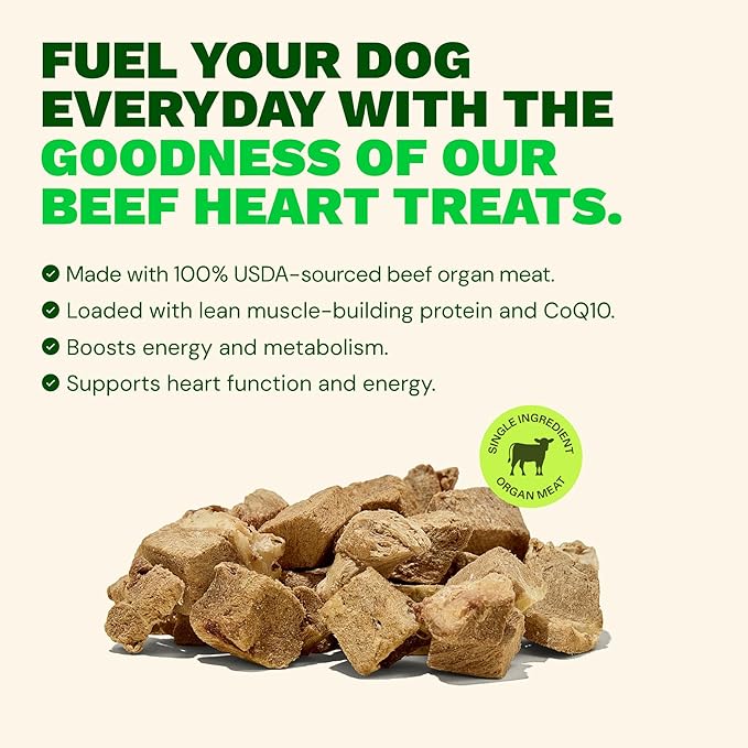 Get Joy Freeze Dried Superfood 100% Beef Heart Dog Treats, 16 Ounce Bag, Single Ingredient Organ Meat, High Protein, Heart Health, Energy, Muscle Repair, Grain Free, Gluten Free, Made in USA