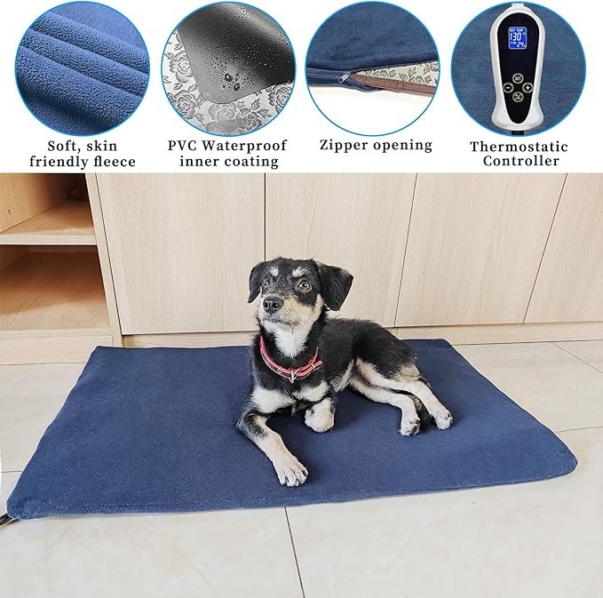 Large Dog Heating Pad for Dogs, Pet Heating Pad Electric, Waterproof, Heated Dog Bed with Timer, with Smart Thermostat Switch, Add Wire Rope with Blue Fabric Cover (Rose, 34x21 in)