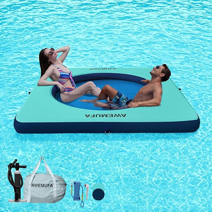 Inflatable Dock Floating Platform with Mesh, Heavy Duty Water Hammock Floats Floating Ring, Tanning Pool Hammock Inflatable Raft Mat Lake Floats for Adults Ocean