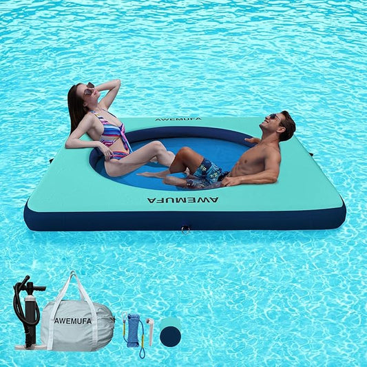 Inflatable Dock Floating Platform with Mesh, Heavy Duty Water Hammock Floats Floating Ring, Tanning Pool Hammock Inflatable Raft Mat Lake Floats for Adults Ocean
