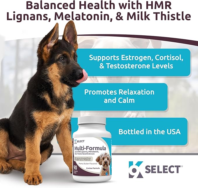 K9 Select Multi-Formula Dog Vitamins for Smaller Dogs - 10mg HMR Lignans, 1mg Melatonin, 20mg Milk Thistle - Helps Heart, Liver, Digestion, Skin & Coat Health, 90 Tablets, Peanut Butter Flavor
