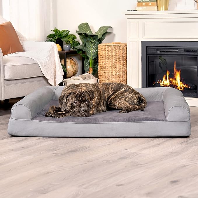 Furhaven Orthopedic Dog Bed for Large Dogs w/ Removable Bolsters & Washable Cover, For Dogs Up to 125 lbs - Faux Fur & Velvet Sofa - Smoke Gray, Jumbo Plus/XXL