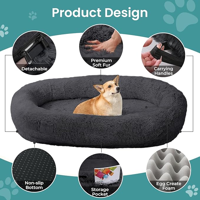 JOLLYVOGUE Human Dog Bed for Adults and Pets, Ultra-Soft Plush Giant Dog Bed with Egg Crate Foam, Non-Slip Base, and Machine Washable Cover - Ideal for Relaxation and Napping, Dark Grey