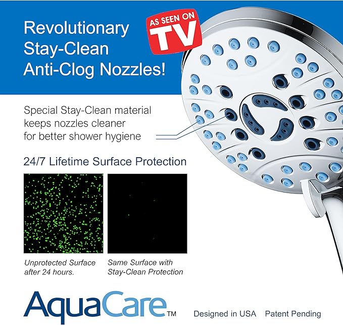 Hotel Spa AquaCare High Pressure 8-Mode Handheld Shower Head - Anti-clog Nozzles, Built-in Power Wash to Clean Tub, Extra Long 6 ft. Stainless Steel Hose, Wall & Overhead Brackets