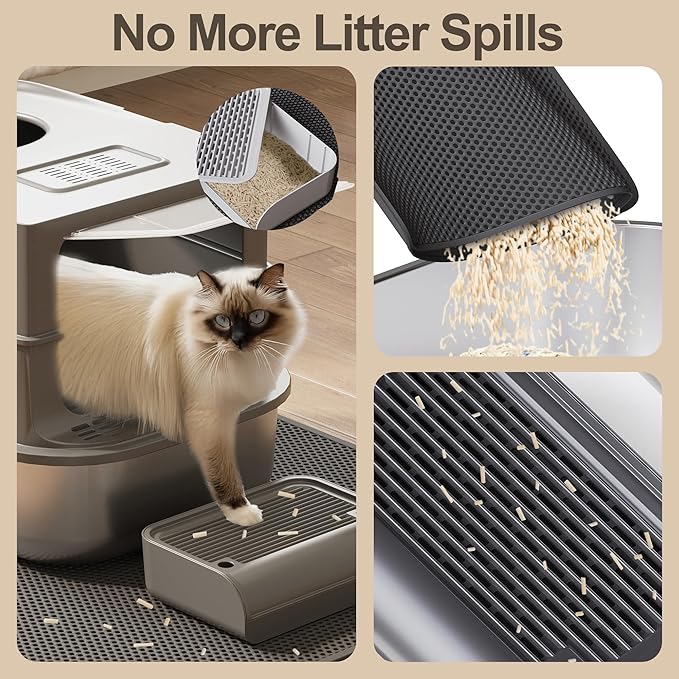 Jalove Stainless Steel Cat Litter Box with Lid, XL Extra Large Metal Litter Box for Big Cat, Covered Enclosed Kitty Litter Boxes, High Sided Enclosure with Scoop & Mat, Easy Cleaning, Dark Gray