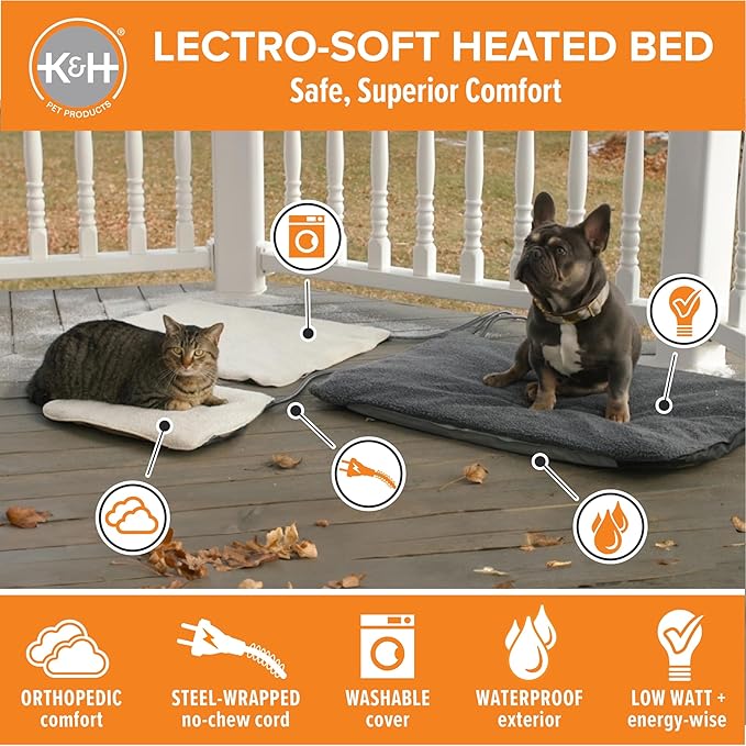 K&H Pet Products Lectro-Soft Orthopedic Outdoor Heated Dog or Cat Bed for Large Dogs or Multiple Cats, Safety Listed Warming Pad, Waterproof, Soft & Flexible, Washable Cover - Large 36 X 25in Tan 60W