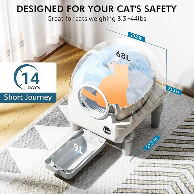 Self Cleaning Cat Litter Box, 68L/9L Large Capacity for Multiple Cats, Smart App Control No Scooping,Automatic Cat Litter Box Includes Garbage Bag (White)