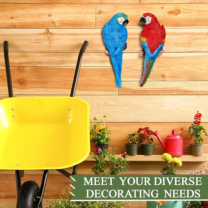 Jetec 2 Pcs Parrot Decor Outdoor Tiki Bar Decorations Large Realistic Parrot Statues for Outside Lifelike Bird Sculptures Garden Patio Yard Lawn Figurines for Tropical Animal Tree Wall (Blue, Red)