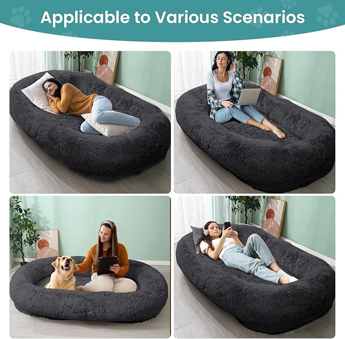 JOLLYVOGUE Human Dog Bed for Adults and Pets, Ultra-Soft Plush Giant Dog Bed with Egg Crate Foam, Non-Slip Base, and Machine Washable Cover - Ideal for Relaxation and Napping, Dark Grey