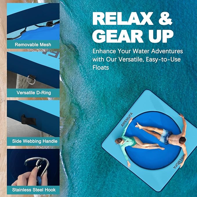 Inflatable Dock Floating Platform with Mesh, Heavy Duty Water Hammock Floats Floating Ring, Tanning Pool Hammock Inflatable Raft Mat Lake Floats for Adults Ocean