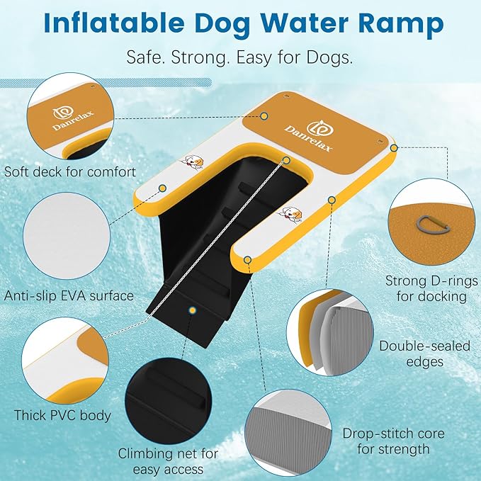 Inflatable Dog Boat Ramp, 35" L x 24" W x 4" H Perfect for Small-Sized Pets Up to 220 lbs, Boat Water Ladder with Claw-Friendly High Stability Non-Slip EVA Float for Pool, Lake, Dock & Seat