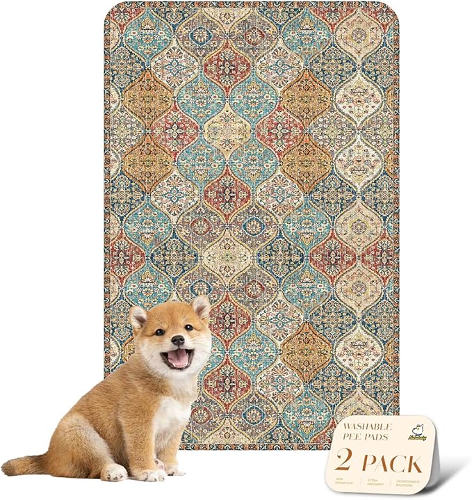 nunubaby Washable Pee Pads for Dogs, Stylish, Non-Slip and Leak-Proof Pee Pads. Reusable Potty Pads for Dogs for Crates and Floors.(Cream/Multi, 24" x36" )