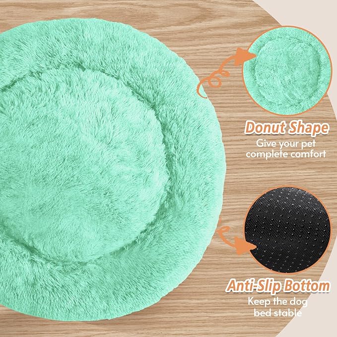 JOLLYVOGUE Calming Dog & Cat Bed for Small Dogs, Anti-Anxiety Donut Cuddler Cozy Soft Round Bed with Anti-Slip Bottom, Fluffy Faux Fur Plush Cushion Beds for Small Medium Pets (23")