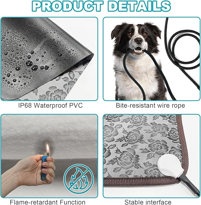 Large Dog Heating Pad for Dogs, Pet Heating Pad Electric, Waterproof, Heated Dog Bed with Timer, with Smart Thermostat Switch, Add Wire Rope with Blue Fabric Cover (Rose, 34x21 in)