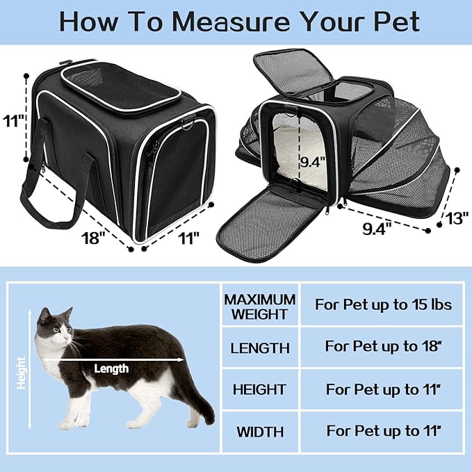 Cat Carrier Airline Approved Pet Carrier, Expandable Foldable Soft-Sided Dog Carrier, 3 Open Doors, 2 Reflective Tapes, Pet Travel Bag Safe and Easy for Cats and Dogs(Black)