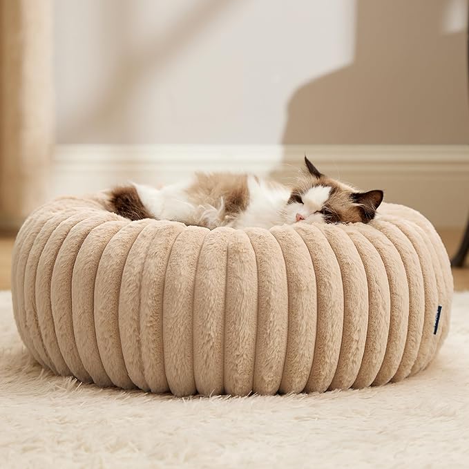 Bedsure Cat beds for Indoor Cats - Donut Dog Beds for Small Dogs with Corduroy Fleece & Anti Slip Bottom, Faux Fur Pet Beds with Washable Removable Cover, Sandy Tan, 20x20x6 inches