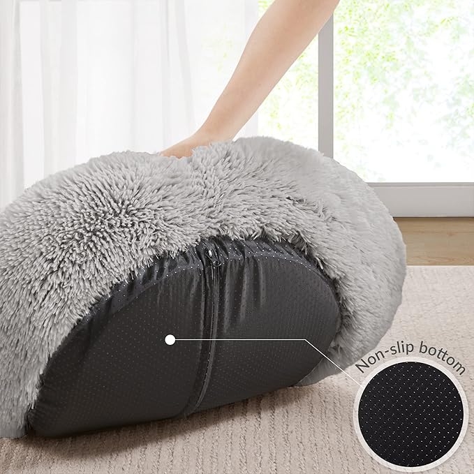 Friends Forever Serena Donut Memory Foam Orthopedic Dog Bed, Soft Faux Fur Oval Cat Couch For Indoor Pet, Fluffy Calming Plush Shag, Round Raised Bolster Cushion, Machine Washable Cuddler, Grey