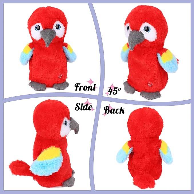 Hopearl Talking Parrot Repeats What You Say Nodding Electric Interactive Animated Toy Speaking Plush Buddy Gift for Toddlers, Red, 7.5''
