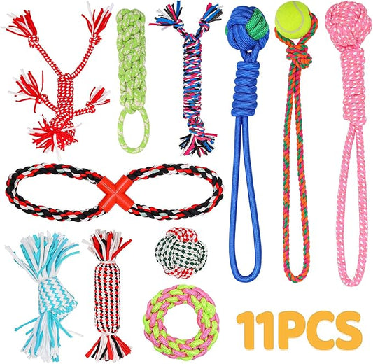 11 Pack Various Heavy Duty Dog Rope Toys for Large & Medium Dogs Teething, Entertainment & Interaction, Chew Toys with Rope, Training Balls and Dog Squeaky Toys