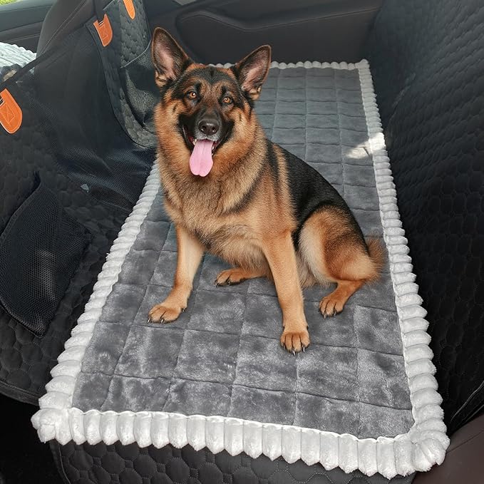 Dog Car Seat Cover for Back Seat, Dog Bed for Car, Fit for Backseat Extenders, Car Seat Protector, Nonslip Soft Durable for Cars Trucks and SUVs (Dark Gray and White, 24.8"*54")