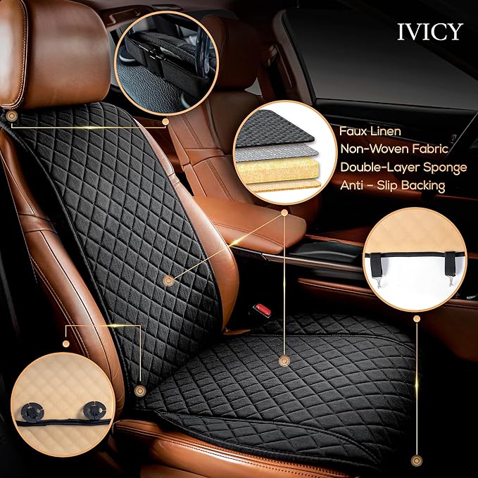 IVICY Faux Linen Car Seat Cover for Cars - Durable & Non-Slip - Front Car Seat Protector Covers for Most Automotive, Vans, SUVs, Trucks - 1 Unit - Black