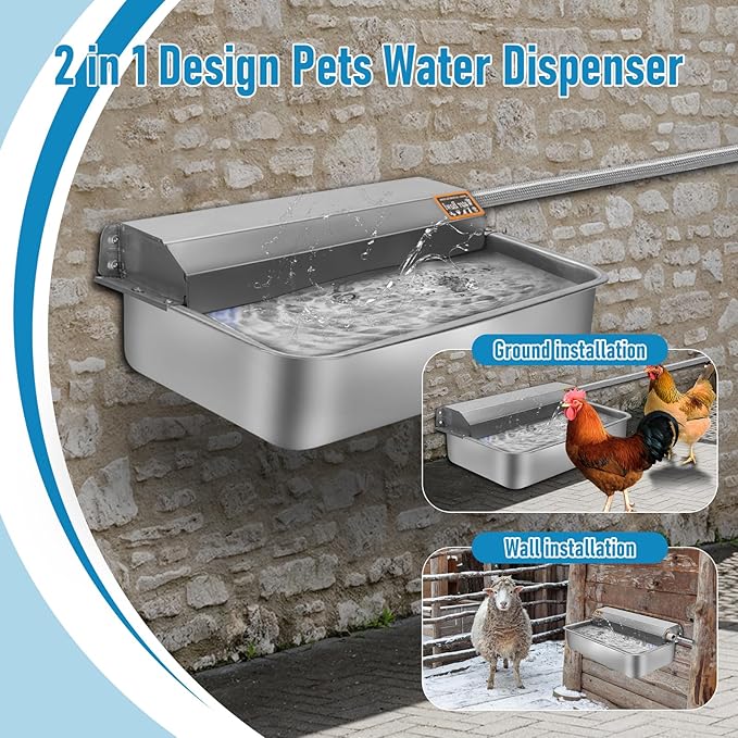 6L Automatic Dog Water Dispenser Bowl for Large Dogs, 304 Stainless Steel Wall Mounted Pet Waterer with Float Valve, Self-Filling Outdoor Water Trough for Pets/Livestock