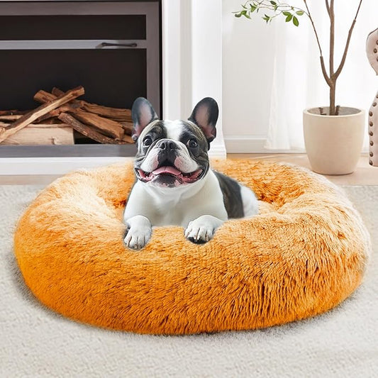 JOLLYVOGUE Calming Dog & Cat Bed for Large Dogs, Anti-Anxiety Donut Cuddler Cozy Soft Round Bed with Anti-Slip Bottom, Fluffy Faux Fur Plush Cushion Beds for Medium Dogs (36")