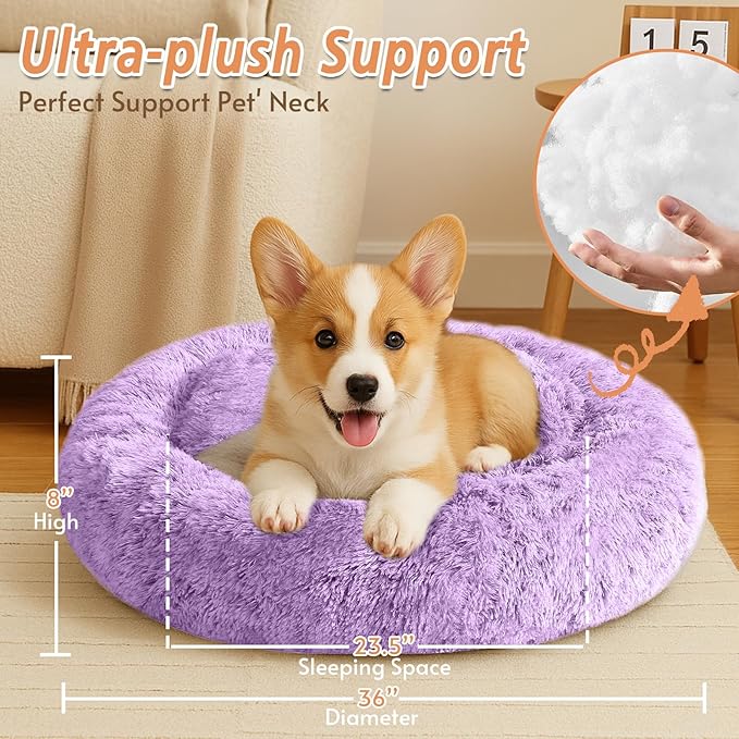 JOLLYVOGUE Calming Dog & Cat Bed for Large Dogs, Anti-Anxiety Donut Cuddler Cozy Soft Round Bed with Anti-Slip Bottom, Fluffy Faux Fur Plush Cushion Beds for Medium Dogs (36")