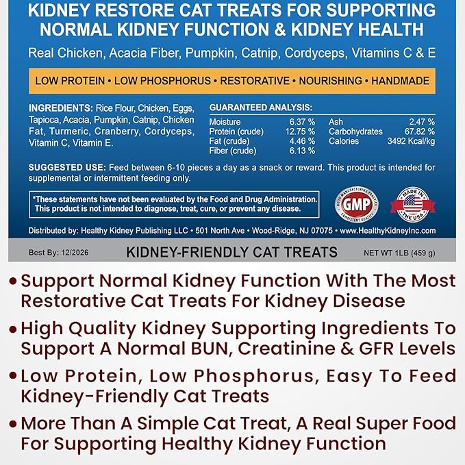Kidney Restore Chicken Cat Treats for Kidney Support & Function. Feline Kidney Treats, Renal Cat Treats, Low Protein Treats for Kidney Diet Cat Food