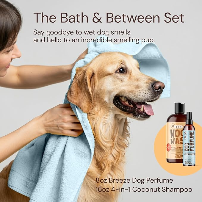 Sunny & Honey 4-in-1 Dog Shampoo & Conditioner with Long-Lasting Perfume Mist - 16 fl oz Shampoo & 8 fl oz Mist - Moisturizing, Deodorizing, Detangling Body Wash - Good-Smelling Dog Bath
