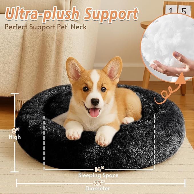 JOLLYVOGUE Calming Dog & Cat Bed for Small Dogs, Anti-Anxiety Donut Cuddler Cozy Soft Round Bed with Anti-Slip Bottom, Fluffy Faux Fur Plush Cushion Beds for Small Medium Pets (23")