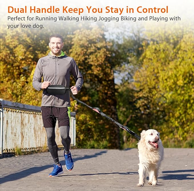 Hands Free Dog Running Leash with Waist Belt, Dual Handle Elastic Bungees Retractable Rope for Medium and Large Dogs, Reflective Stitches for Walking Hiking Biking (Large Pink, 25-120lb